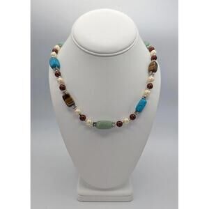 Vintage Beaded Statement Necklace with Turquoise, Tiger Eye, and Pearl Beads